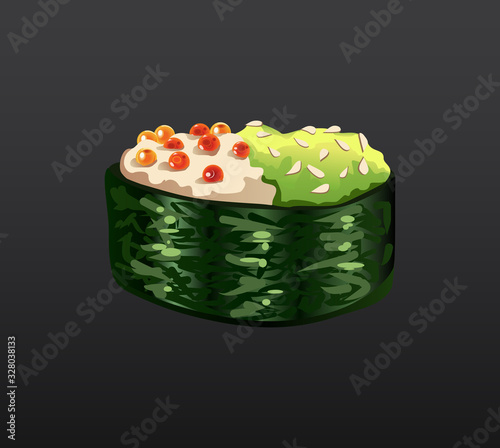 3D Sushi roll traditional seaweed fresh raw food. Japanese seafood sushi roll. Classical asian food. Sushi roll with salmon caviar ris and nori