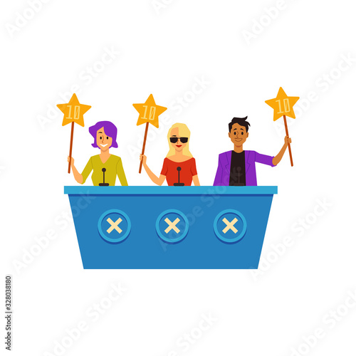 Talent show jury or judges evaluate participant flat vector illustration isolated.