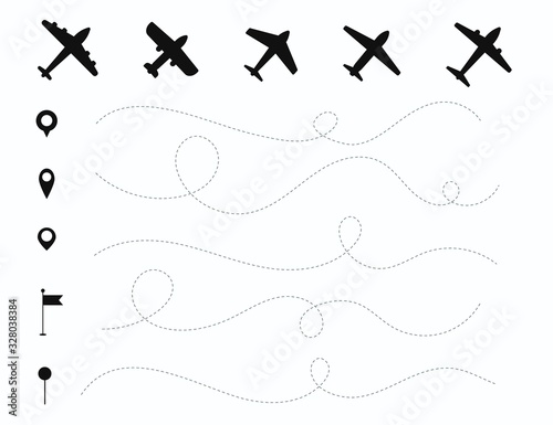 Vector line path and trail,map doted, pings symbols.