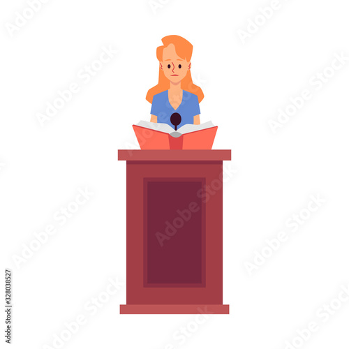 Lawyer woman makes a speech in courthouse flat vector illustration isolated.