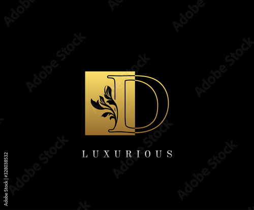 Golden letter D Graceful royal style with square shape. Vintage drawn emblem for book design, weeding card, brand name, business card, Restaurant, Boutique, Hotel. 