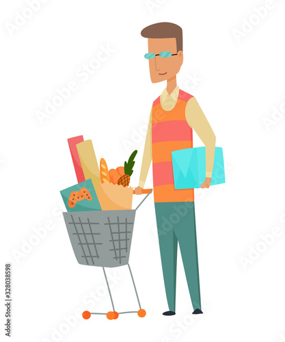 Shopping Man character with basket full food . Smile with pleasure of purchase perfect goods. Good for sales and discounts. Vector concepts. Flat design