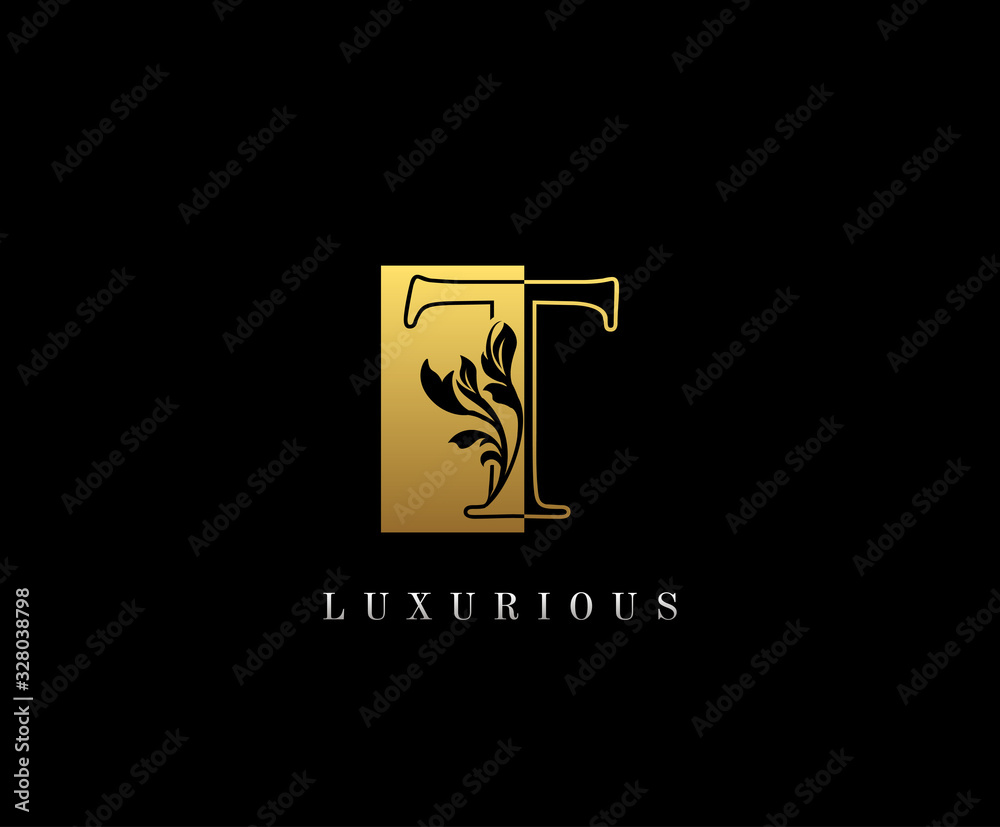 Golden letter T Graceful royal style with square shape. Vintage drawn emblem for book design, weeding card, brand name, business card, Restaurant, Boutique, Hotel. Golden letter T Graceful royal style with square shape. Vintage drawn emblem for book design, weeding card, brand name, business card, Restaurant, Boutique, Hotel.