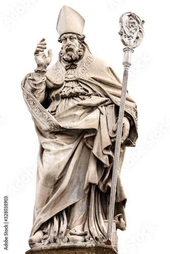 Marble statue of bishop San Petronio (1683) isolated on white background, patron of the city and diocese of Bologna, Piazza di Porta Ravegnana, Emilia-Romagna, Italy. Sculptor Gabriele Brunelli   photo