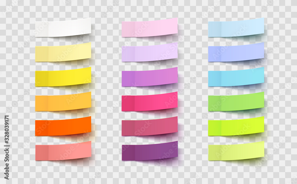 Post note stickers isolated on transparent background. Vector colorful paper sticky tapes set with shadow template.. - obrazy, fototapety, plakaty 