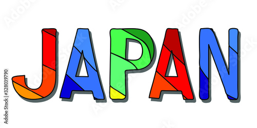 Japan - multicolored funny inscription. Kids cartoon style. Japan is country of Asia. For banners, posters souvenirs and prints on clothing.