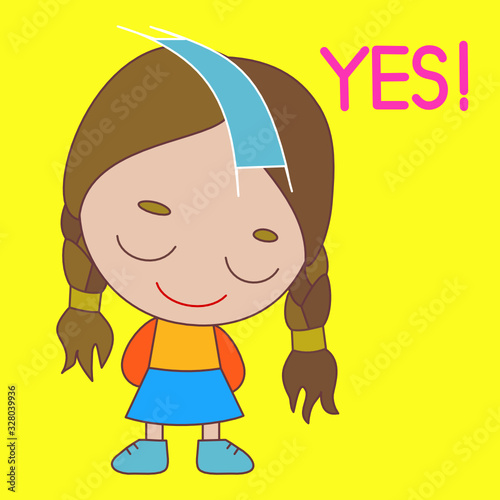 emoticon with smiling girl that is saying yes and nodding, simple colored emoji, vector in color, bay like personage with thick outlines, funny cartoon character from a set