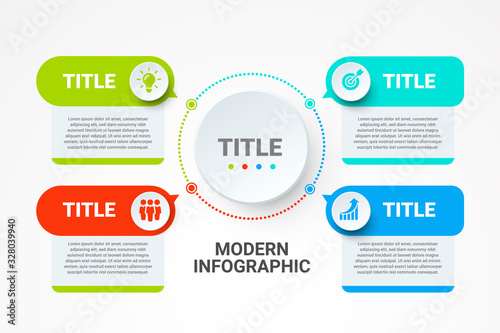 Flow chart with main circle and 4 abstract steps elements. Modern infographic design template. Creative concept of four stages of business project.