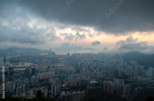 Cityscape modern and traditional Hong Kong boats sail