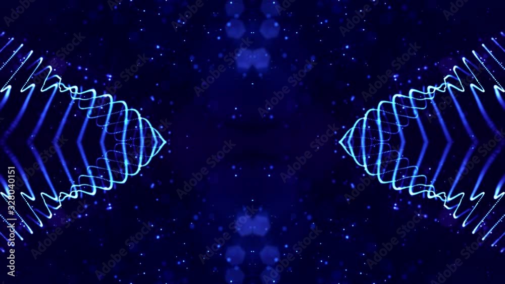 4k looped sci-fi 3d abstract background. Glow blue particles form lines, symmetrical structures like in microworld or cosmic space. For holiday presentations, ceremonies as vj loop motion design 7