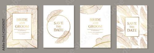 Set of modern luxury wedding invitation design or card templates for business or presentation or greeting with golden feathers on a white background.