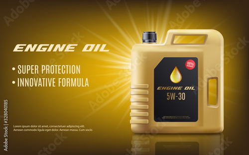 Engine oil ad poster mockup with realistic golden machine oil canister