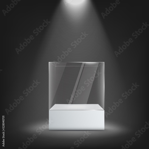Glass sportlighted museum exhibition showcase, realistic vector illustration.