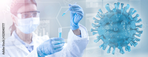 Obraz na płótnie viral microorganism and lab technician holding a test-tube