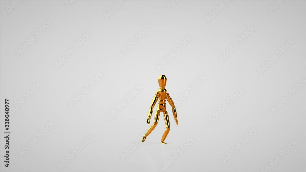 Funny golden mannequin hip hop side step, seamless loop, white studio Funny golden mannequin hip hop side step, seamless loop, white studio