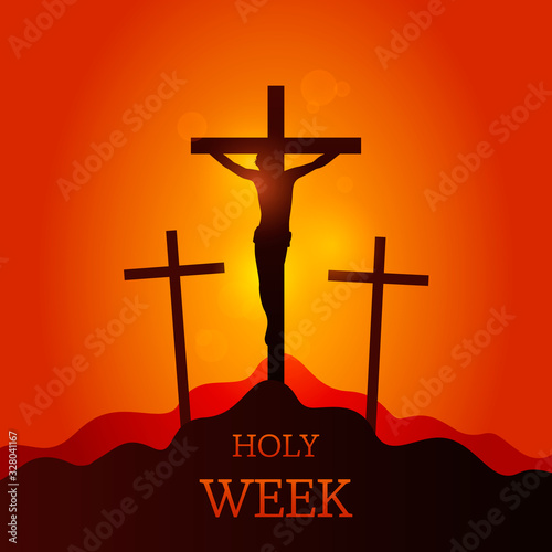 Crucifixion of Jesus Christ on the cross at Calvary against a sunset. Good friday, holy week, easter concept.