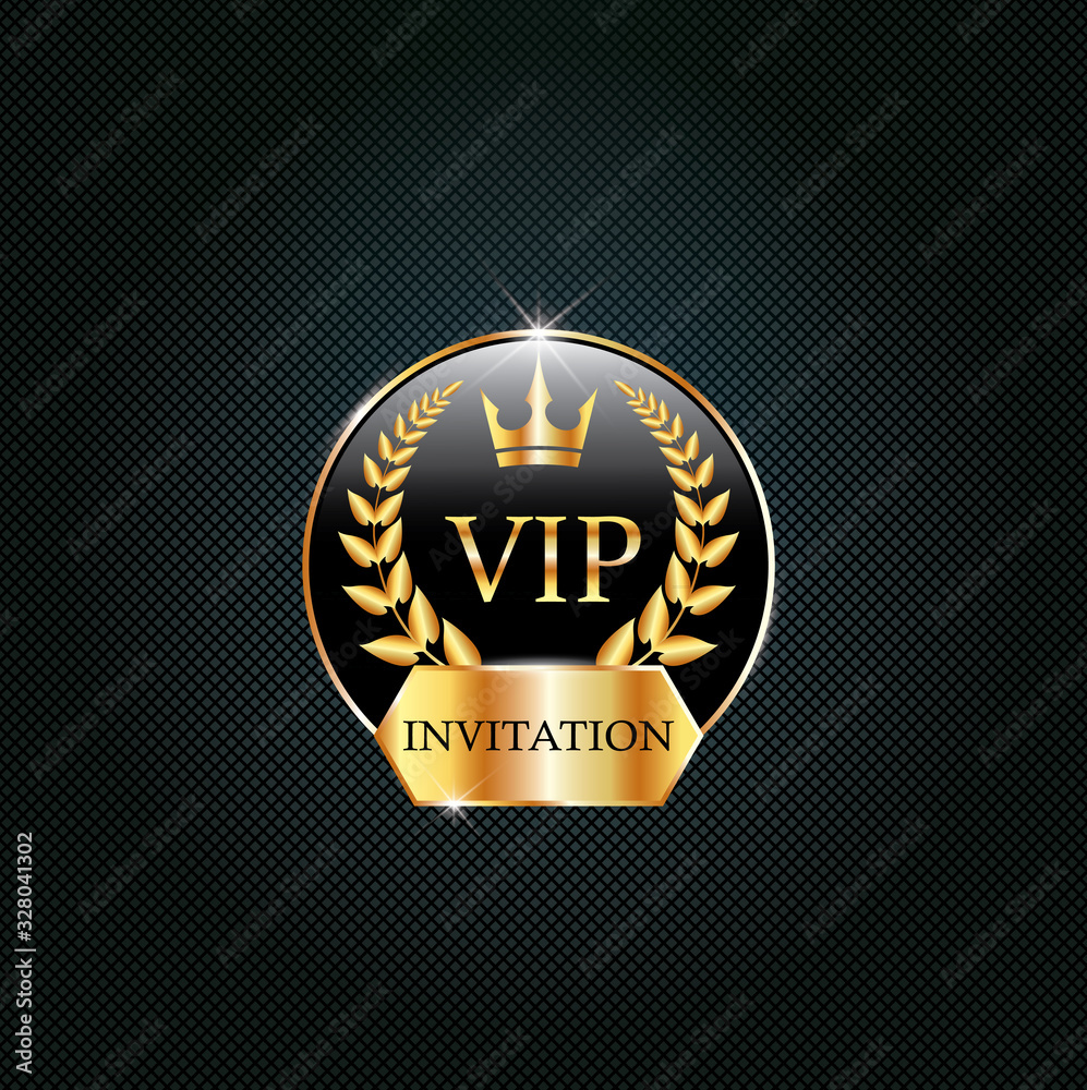 Naklejka premium Vip black label with golden crown, laurel wreath. Luxury design for invitation, greeting card, poster, brochure, label on dark background. Vector premium card design.
