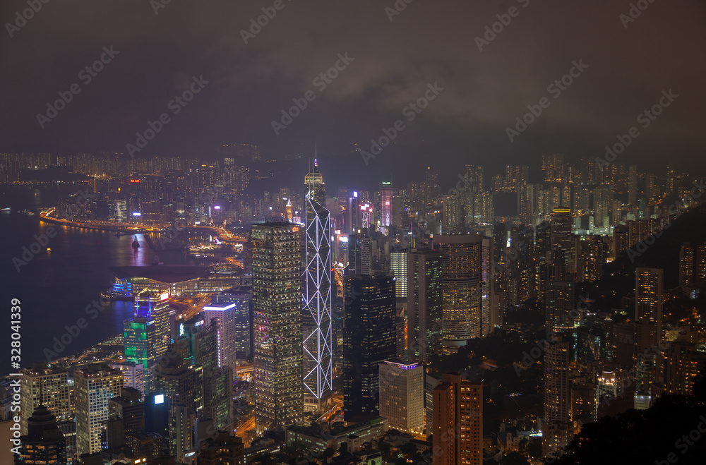 Cityscape Hong Kong buildings with flashing lights at night