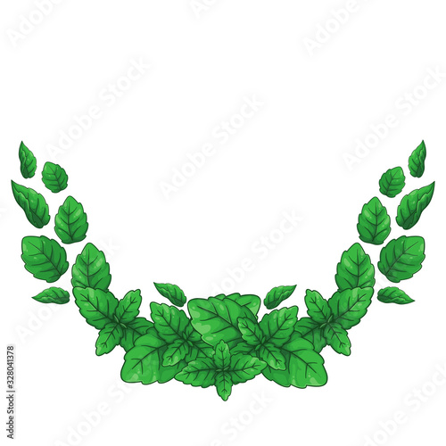 Decorative vector branch of mint leaves and on white background.