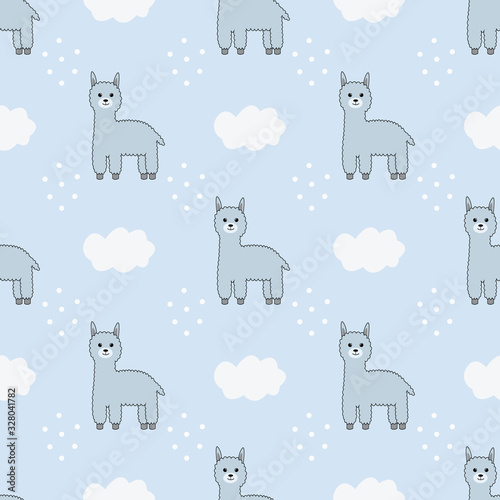Seamless pattern with llamas alpacas and clouds. Vector illustration.