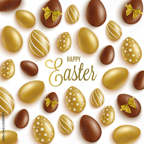 Happy Easter greeting card with gold and brown chocolate eggs