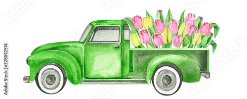 Watercolor retro truck with flowers- pink and yellow tulips. Hand painted vintage retro car illustration perfect for card making, wedding invitation and spring postcards 