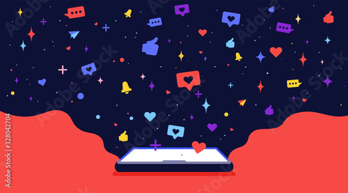 Modern flat character. Cell phone with cloud universe and icons social networks. Loneliness and solitude internet concept. Colorful contemporary art style. Vector Illustration