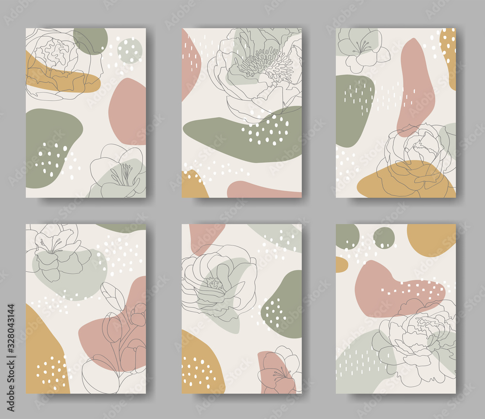 Set of six vector cards with abstract forms and flowers ornament	