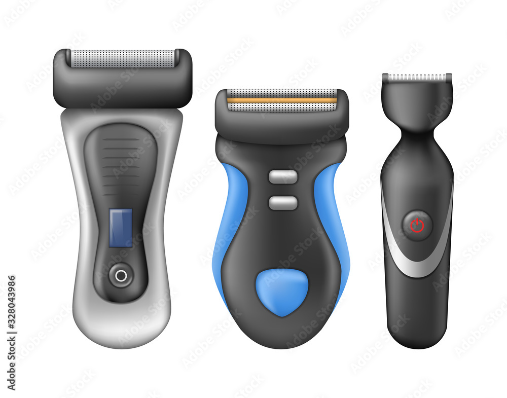 Razor blade realistic set. Shaving razor mockup vibrating razor, trimmer for men. Razor blade realistic set. Shaving razor mockup vibrating razor, trimmer for men.