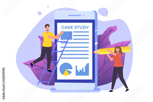 Case study concept with tiny character. Flat style vector illustration