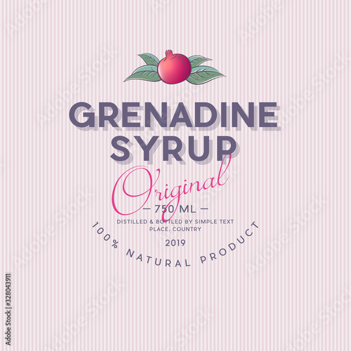 Grenadine label. Pomegranate syrup sticker. Ripe pomegranate and leaves with letters. 