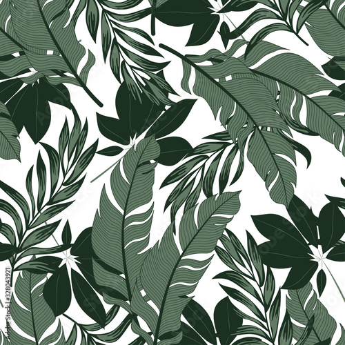 Fototapeta Naklejka Na Ścianę i Meble -  Summer seamless tropical pattern with bright plants and leaves on a white background. Printing and textiles.  Vintage pattern.