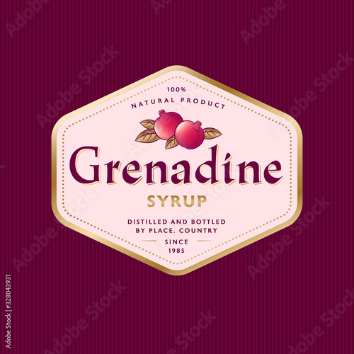 Grenadine label. Pomegranate syrup in hexagon gold frame. Some ripe pomegranates and gold leaves with letters. 