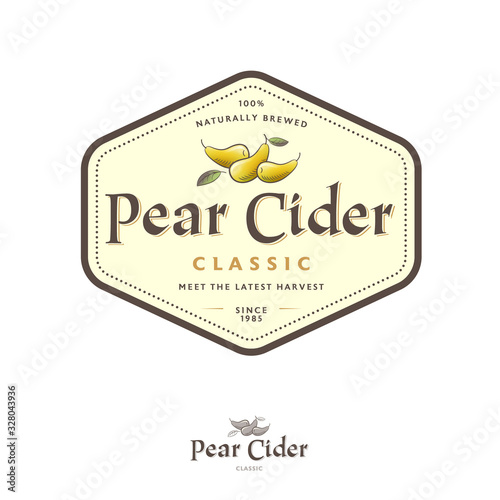 Pear Cider label. Pear beverage in hexagon frame. Some ripe pears and leaves with letters. 