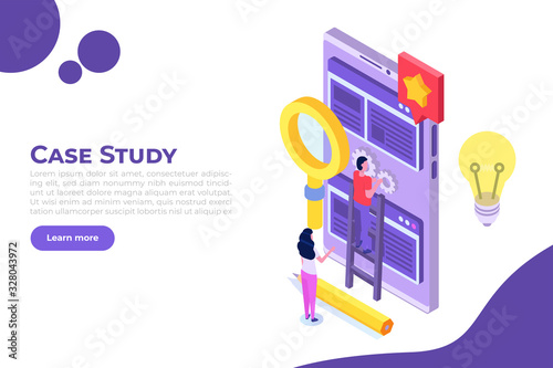 Case study concept with tiny character. Web page template. Flat style isometric vector illustration.