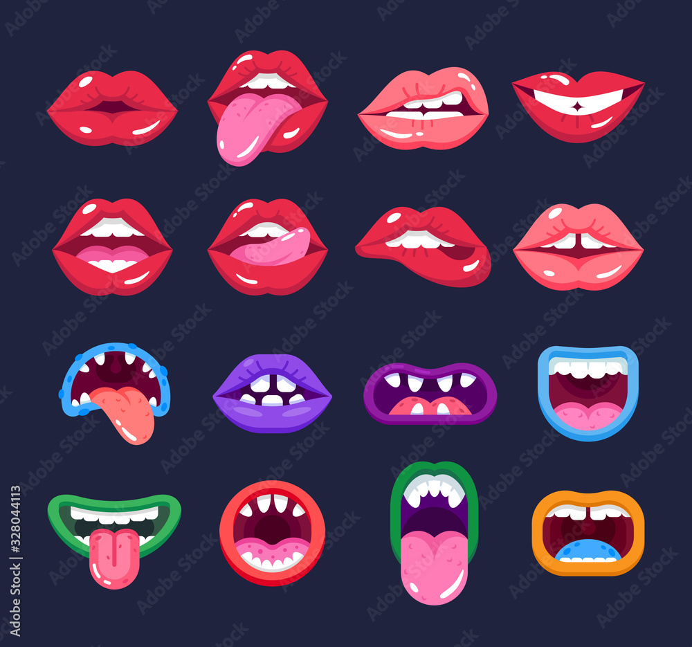 Sexual woman and monster mouths. Red lips and scary monster teeth. Sexual woman and monster mouths. Red lips and scary monster teeth.
