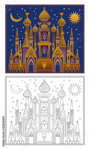 Colorful and black and white template for coloring. Illustration of fairyland medieval kingdom. Kids education. Worksheet for coloring book for children and adults. Flat vector cartoon image.