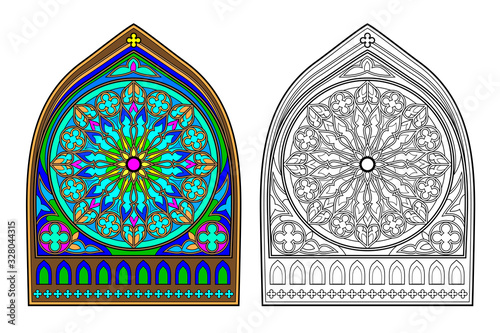 Colorful and black and white image of Gothic stained glass window with beautiful rose in center. Printable worksheet for coloring book for children. Medieval architectural style in Western Europe.