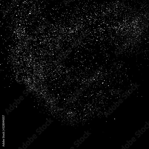 White Grainy Texture Isolated on Black Background. Dust Overlay. Light Coloured Noise Granules. Snow Vector Elements. Digitally Generated Image. Illustration, Eps 10.
