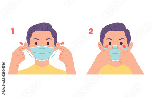 vector illustration of young man demonstrating or giving examples of wearing health masks on the face