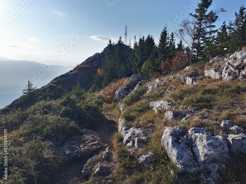 Mountain panorama with sun and rocks