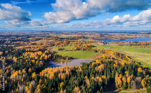 Drone photo of beautiful autumn landscape in Vidzeme region, Latvia photo