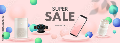 Super Sale Header or Banner Design with 3D Smartphone, Smart Watch, Voice Assistant, Air Purifier and Sphere Decorated Pastel Pink Background.