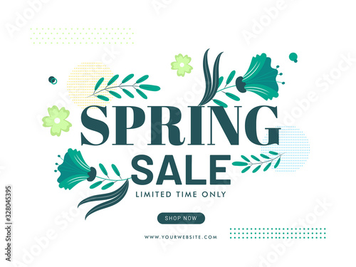 Spring Sale Poster Design with Green Flowers and Leaves on White Background.