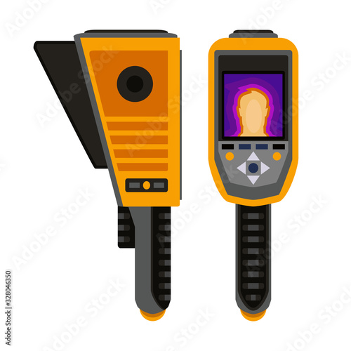 The Thermal imager. A imager is a device for monitoring the temperature distribution of the studied surface and detecting people with high temperature in a crowd. Vector illustration isolated.