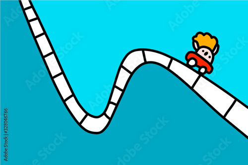 Rollercoaster hand drawn vector illustration in cartoon comic style man falling down after climb business stocks metaphore poster print cards