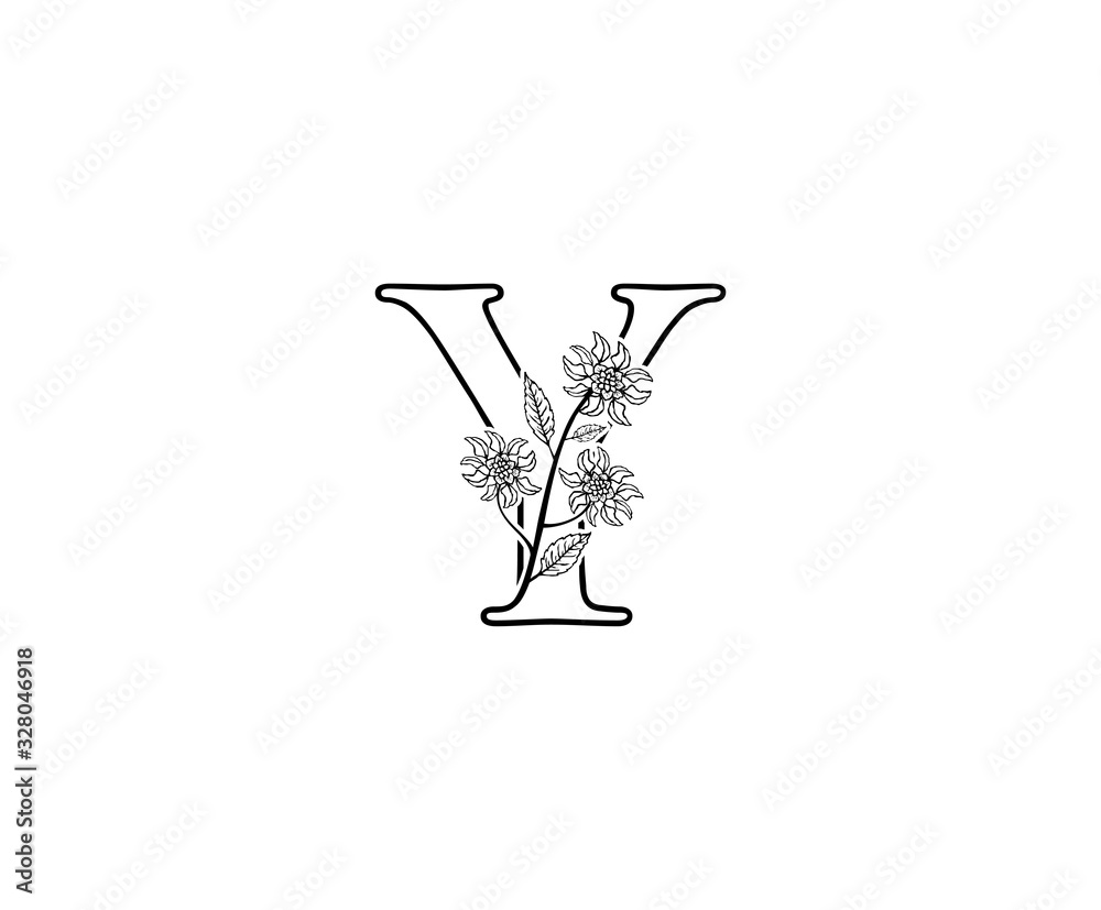 Minimalist Y letter Logo Icon with Beautiful leaves and flower line hand drawn .