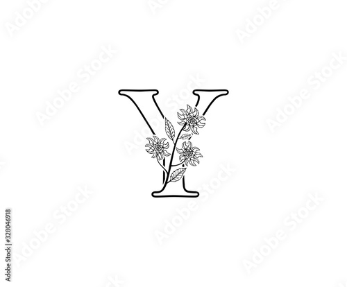 Minimalist Y letter Logo Icon with Beautiful leaves and flower line hand drawn .
