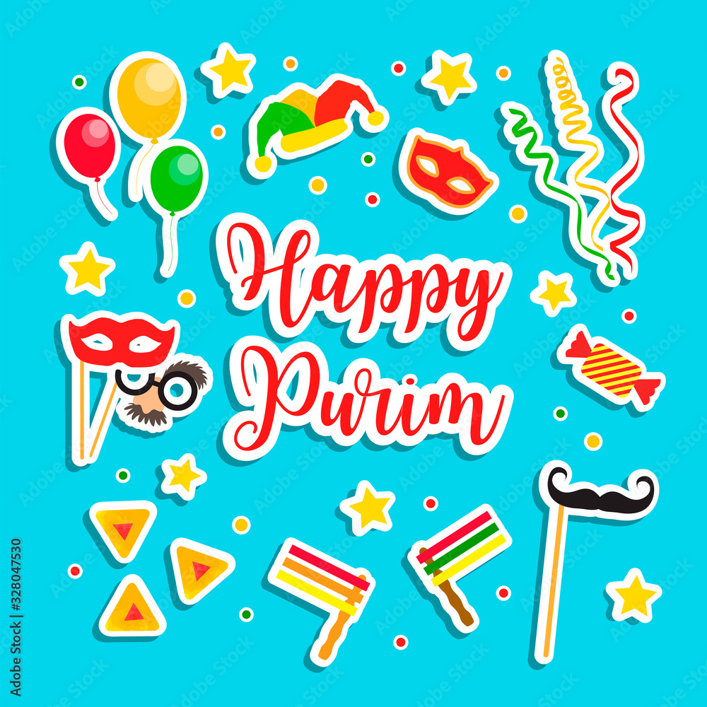 Happy Purim Jewish Holiday greeting card. traditional carnival symbols design elements, icons. Vector illustration