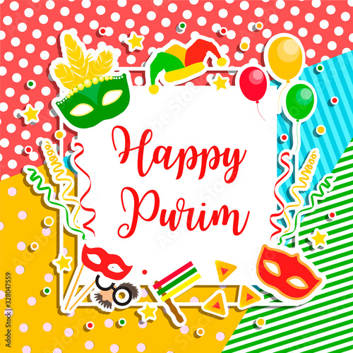 Happy Purim Jewish Holiday greeting card. traditional carnival symbols design elements, icons. Vector illustration